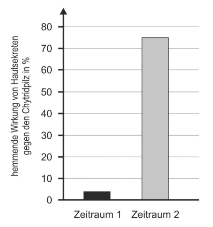 Balkendiagramm zur hemmenden Wirkung von Haushaltssekreten gegen den Chytridpilz in zwei Zeiträumen.